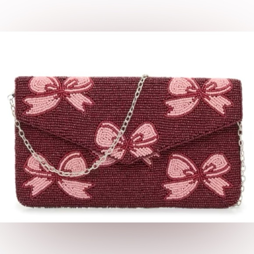 NWT Kelly and Katie Beaded Bow Envelope Clutch - Pink on Wine